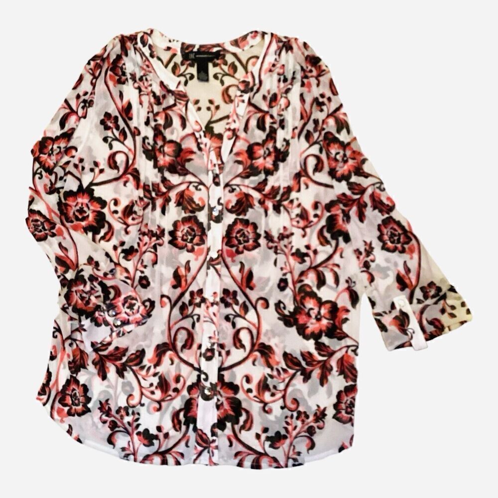 INC International Concepts Silky Blouse Floral Gemstone Buttoned Size L